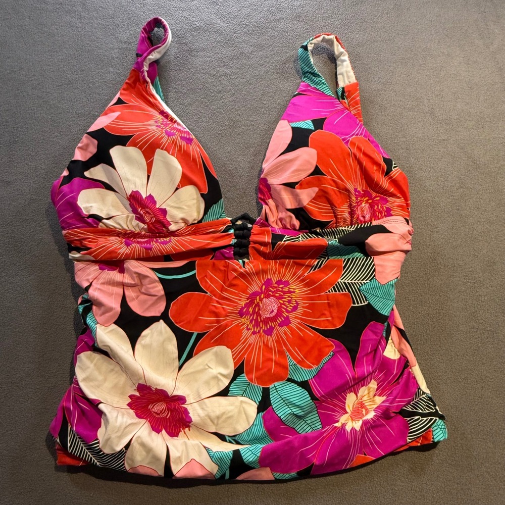 La Blanca Women Floral Tankini Top Black Pink Tropical Swimwear Size 16 NWT